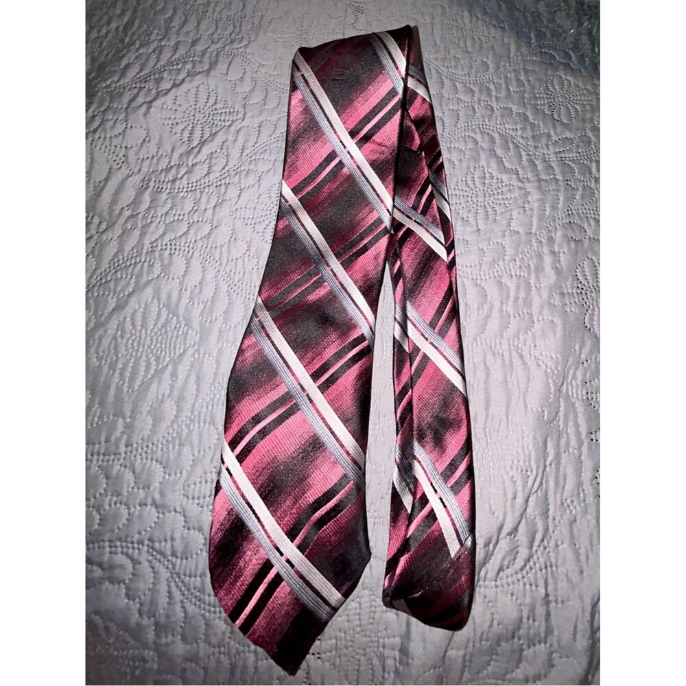 Paul Dione Men's Striped Pink and Black Necktie with White Accents